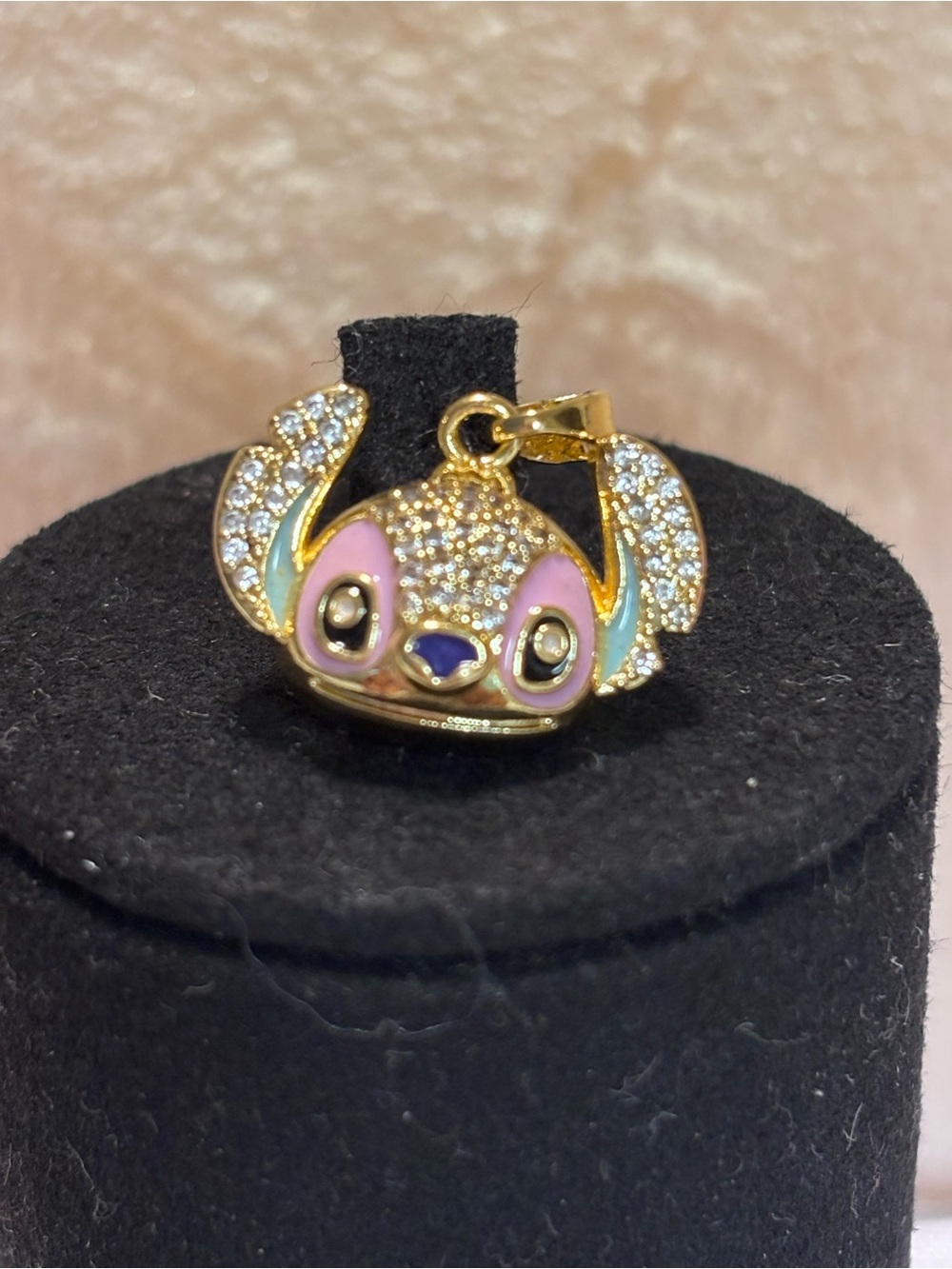 Stitch Enamel and Crystal Gold Charm Pendant - Pink Blue